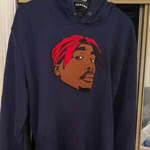 Tupac Back! Reason Brand Dark Blue Hoodie with Tupac chenille patch.
